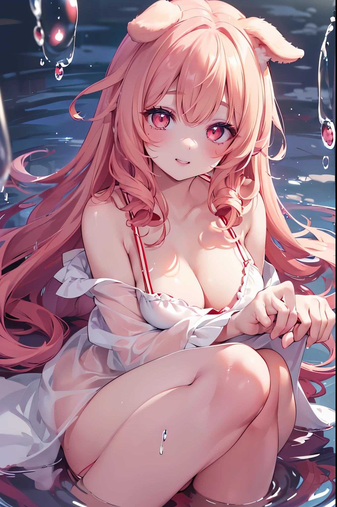 One girl、A little y、Blonde、Red sparkling eyes、detailed cute eyes,(glowing eyes:1.4),((Droopy eyeedium Curl Hair、Dog ears、light smile,red cheek,thick lips,natural make up,chemise,In the water,Bubble,