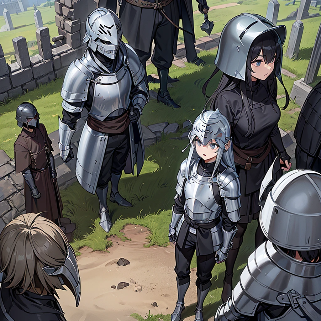 Best illustrations、Best Quality、(((Simple grey armor、Black trousers、Black glover.々Hairstyle、Mr.々Hair coron helmet、Iron Mask、Iron Helmet)))、(((Get Ready)))、(Old ruins、desert。Grass)、Fall to the floor、(Black, muddy swamp)、(中世の騎士が10 people)、(get annoyed、anxiety、impatience、Open your mouth、shout)、(lots of medieval knights、10 people)、battlefield、From above at an angle