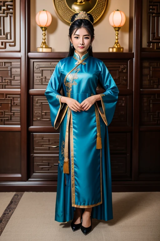 Full body portrait:1.4), RAW UHD portrait photo of a 25 year old Chinese Goddess Kuan Yin with black hair that flows down to her knees, she is emerging from a lotus flower, she has brown eyes and is 5'6" and slender, she wears high-end traditional Chinese clothing that are blue color and has feminine features, dslr, ultra quality, sharp focus, tack sharp, film grain (centered), fujifilm xt3, oiled skin, tan, intricate eye detail
