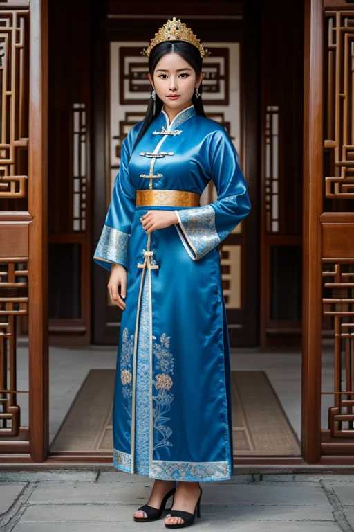 Full body portrait:1.4), RAW UHD portrait photo of a 25 year old Chinese Goddess Kuan Yin with black hair that flows down to her knees, she is emerging from a lotus flower, she has brown eyes and is 5'6" and slender, she wears high-end traditional Chinese clothing that are blue color and has feminine features, dslr, ultra quality, sharp focus, tack sharp, film grain (centered), fujifilm xt3, oiled skin, tan, intricate eye detail

