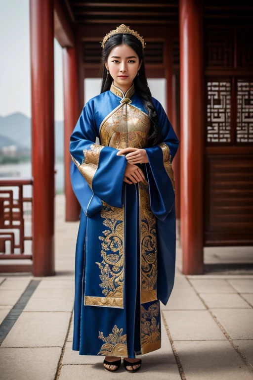 Full body portrait:1.4), RAW UHD portrait photo of a 25 year old Chinese Goddess Kuan Yin with black hair that flows down to her knees, she is emerging from a lotus flower, she has brown eyes and is 5'6" and slender, she wears high-end traditional Chinese clothing that are blue color and has feminine features, dslr, ultra quality, sharp focus, tack sharp, film grain (centered), fujifilm xt3, oiled skin, tan, intricate eye detail