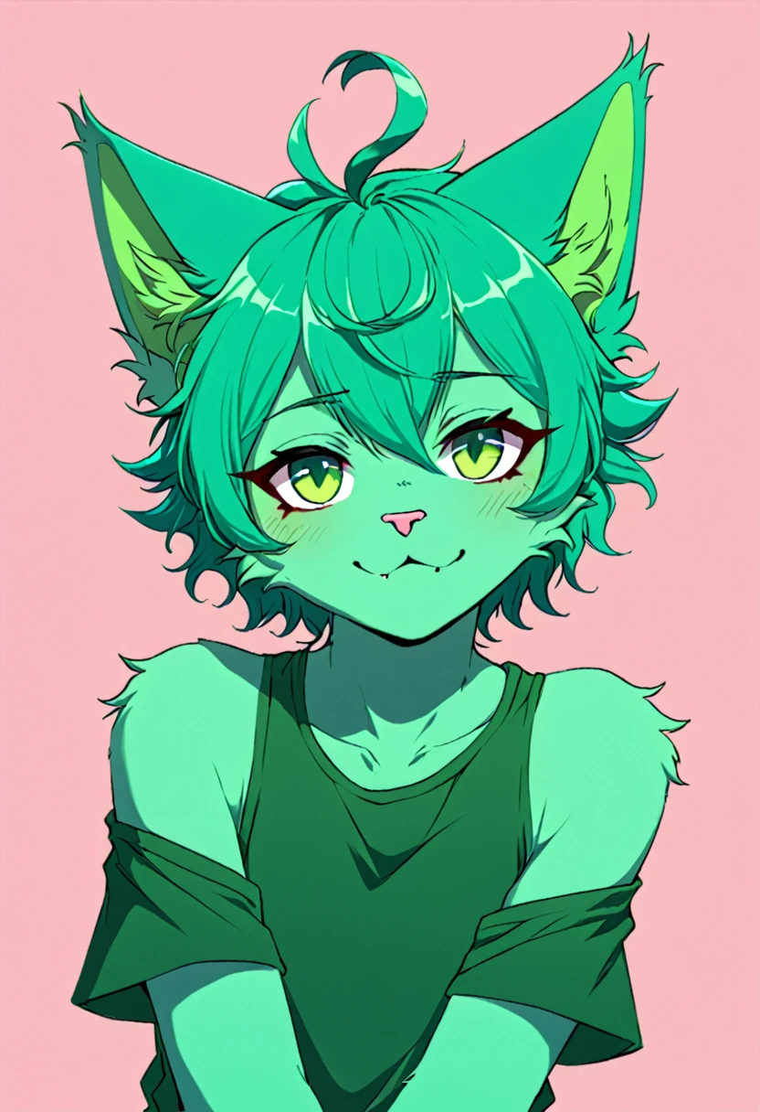 Teal ai furry cat with green top hair boykisser