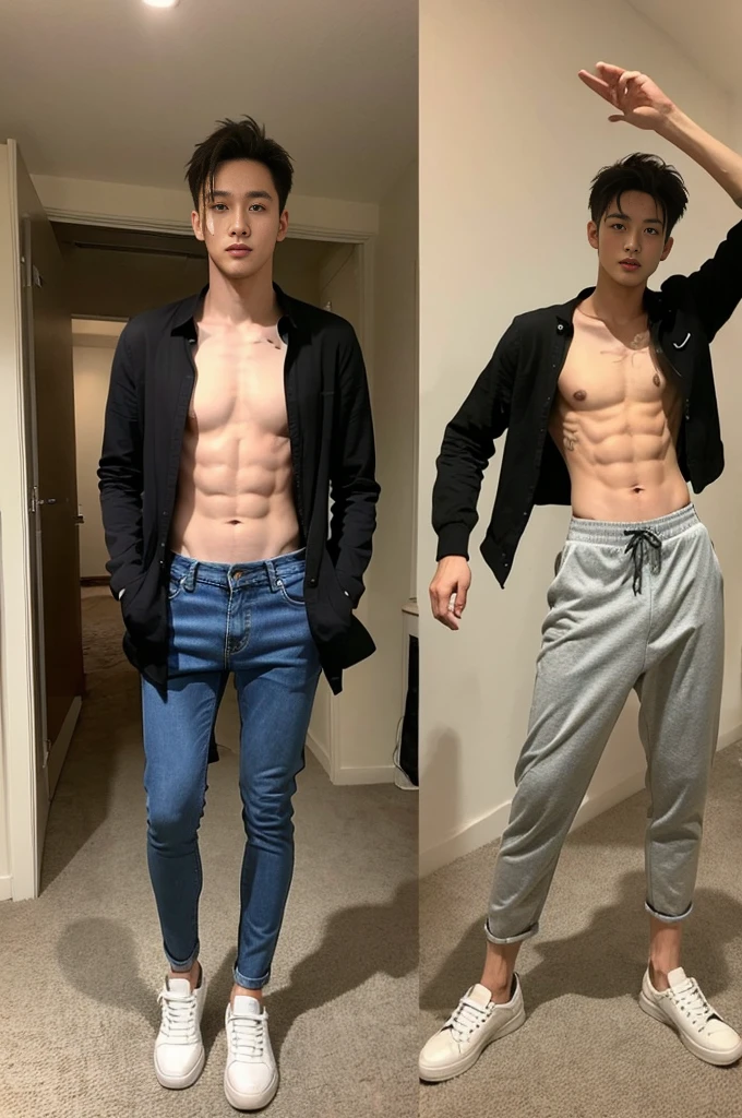 A skinny man wearing pants and no shirt