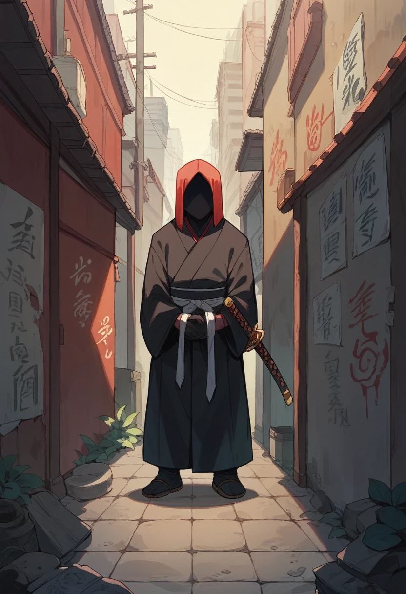 dark alley, red japanese graffiti, red japanese led, water puddles, tall samurai, hidden face, hidden eyes, hidden mouth, hidden nose, black cloth, dark aura, katana, focus on subject