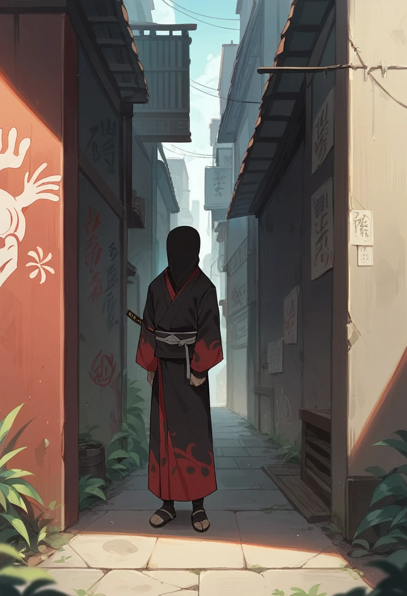 dark alley, red japanese graffiti, red japanese led, water puddles, tall samurai, hidden face, hidden eyes, hidden mouth, hidden nose, black cloth, dark aura, katana, focus on subject