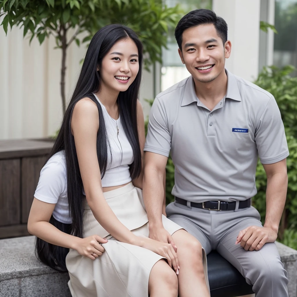The beautiful Indonesian girl, with long black hair and fair skin, wearing a white and a wide gray skirt, sits on her husband's lap smiling towards the camera. Her husband, still young, in police attire with an athletic build, laughs heartily while giving a thumbs-up to the camera.