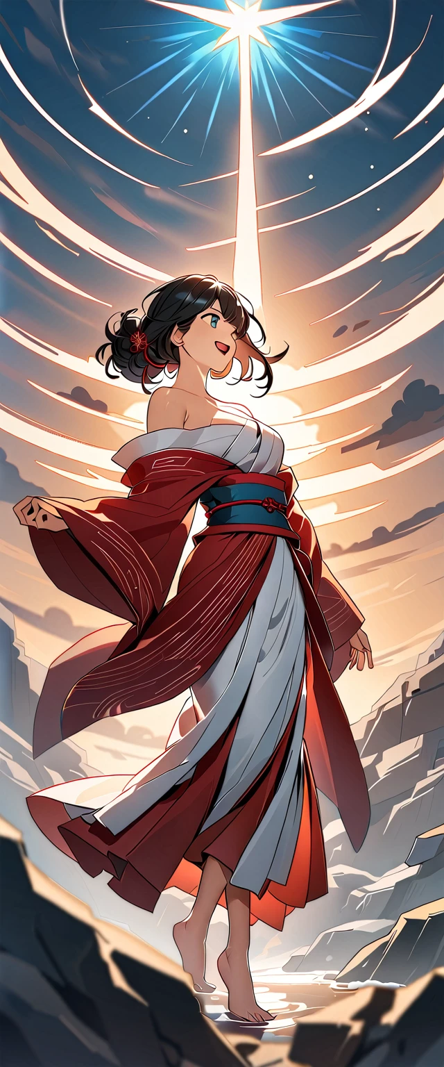 A photo of Izanami with natural skin, Japanese Gods, laughing, Black hair with red mesh, Sharp eyes with blue eyeshadow, A thin, upturned nose, Well-shaped lips, White off-the-shoulder dress, barefoot, White clothes, Clothing of ancient Japan, Makeup, Exquisitely crafted with the utmost attention to detail, Vibrant, amazing, Smooth, Cinematic, 4K, Backlight, ((Flying in the sky)), Shallow depth of field.