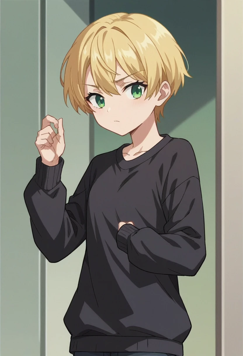 score_9, score_8_up, score_7_up, source_anime, anime_screencap, 1girl, black sweater, green eyes, blonde hair, short hair, long sidelocks, 