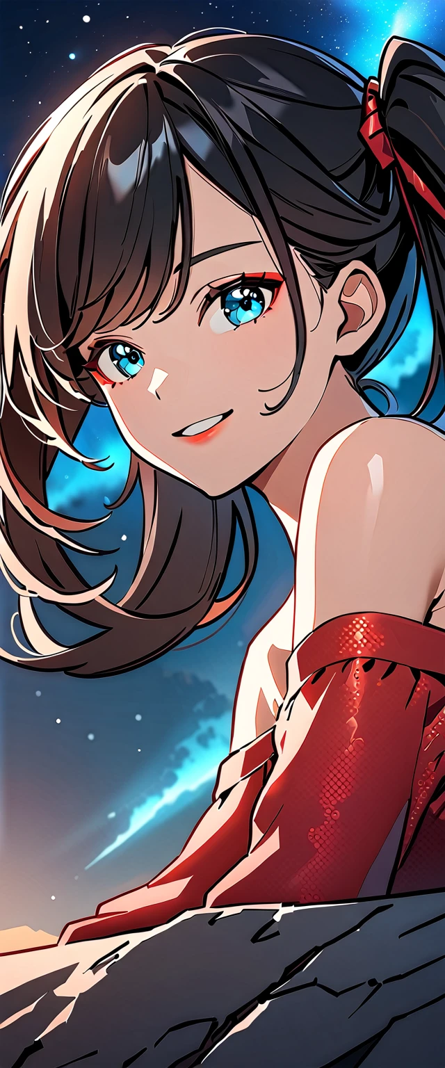 Photo of a high school girl with natural skin, Upper Body, With arms outstretched, Looking at the camera, Smiling, with twin tails and black hair with red mesh, Sharp eyes with blue eyeshadow, A thin, upturned nose, Well-shaped lips, White off-the-shoulder dress, barefoot, Makeup, Exquisitely crafted with the utmost attention to detail, Vibrant, amazing, Smooth, Cinematic, 4K, Backlight, ((Atop a cliff with a beautiful starry sky, Cliff)), Shallow depth of field