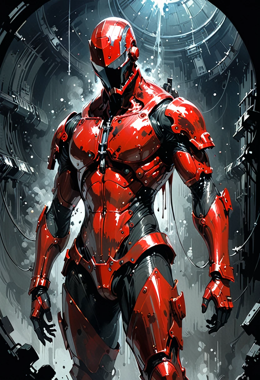 Ashley Wood (Ashley Wood) style of,1 boy,Character Conception,Horror Blood,((Signs of death)),Very detailed,more details,Smooth and fluent brushstrokes,Shiny Red Mandelbrot Bodysuit Armor,Muscular City,planetarium,