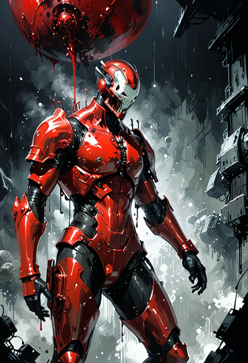 Ashley Wood (Ashley Wood) style of,1 boy,Character Conception,Horror Blood,((Signs of death)),Very detailed,more details,Smooth and fluent brushstrokes,Shiny Red Mandelbrot Bodysuit Armor,Muscular City,planetarium,