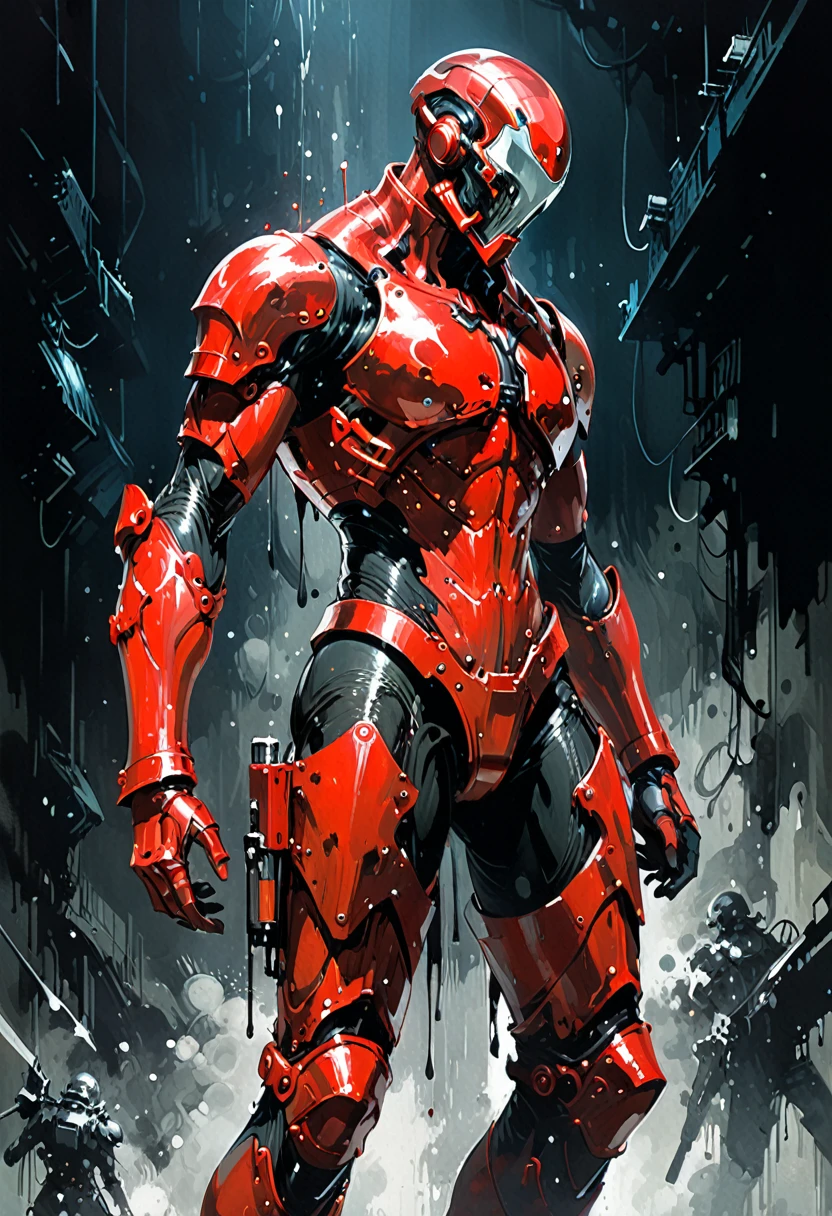 Ashley Wood (Ashley Wood) style of,1 boy,Character Conception,Horror Blood,((Signs of death)),Very detailed,more details,Smooth and fluent brushstrokes,Shiny Red Mandelbrot Bodysuit Armor,Muscular City,planetarium,