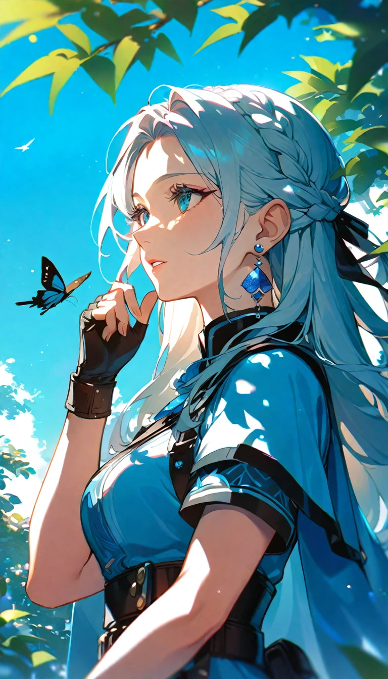 1girl,blue eyes, white hair,solo,gloves,earrings,jewelry,fingerless gloves,dappled sunlight,braid,long hair,outdoors,upper body,bird,parted lips,cape,day,short sleeves,breasts,from side,hand up,leaf,tree,black gloves,flower,hair ornament,butterfly,sunlight,lips,bug,eyelashes,blue theme,animal,sky,shade,blue gemstone,belt,crown braid,dress,