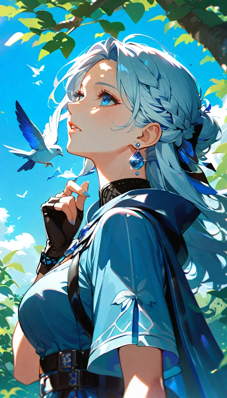 1girl,blue eyes, white hair,solo,gloves,earrings,jewelry,fingerless gloves,dappled sunlight,braid,long hair,outdoors,upper body,bird,parted lips,cape,day,short sleeves,breasts,from side,hand up,leaf,tree,black gloves,flower,hair ornament,butterfly,sunlight,lips,bug,eyelashes,blue theme,animal,sky,shade,blue gemstone,belt,crown braid,dress,