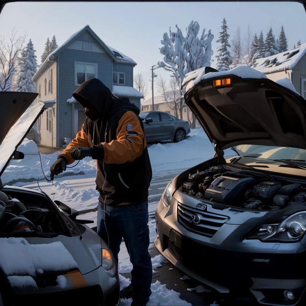 Extremely high image quality,real,photography,A hooded man and two cars with their hoods open, User Photos, accurately depicted, User Photosture,A clamp on the car battery,Man holding a clip,Connect two cars with two wires,One car charges another car,accurate depiction, Mechanical details,Rich details