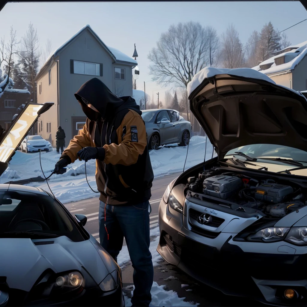 Extremely high image quality，real，photography，A hooded man and two cars with their hoods open, User Photos, accurately depicted, User Photosture，A clamp on the car battery，Man holding a clip，Connect two cars with two wires，One car charges another car，accurate depiction, Mechanical details，Rich details