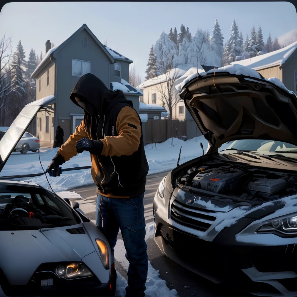 Extremely high image quality,real,photography,A hooded man and two cars with their hoods open, User Photos, accurately depicted, User Photosture,A clamp on the car battery,Man holding a clip,Connect two cars with two wires,One car charges another car,accurate depiction, Mechanical details,Rich details