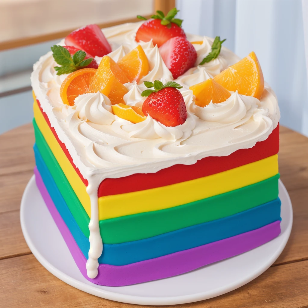 on a wooden table, on a porcelain plate, a tiny cream rainbow cake, with cream lines drawn on its edges, white cream swirls, tiny strawberries, oranges and watermelon slices made of polymer clay on the cake, window light, bright lights, soft light, window light, professional lighting, light from the window, neat light, realistic texture, realistic style, detailed texture, high quality, high resolution, high quality rendering, realistic photo, brightning light, macro photo