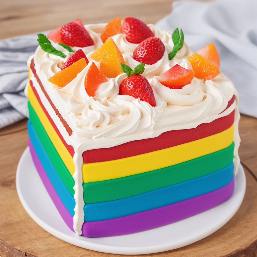 on a wooden table, on a porcelain plate, a tiny cream rainbow cake, with cream lines drawn on its edges, white cream swirls, tiny strawberries, oranges and watermelon slices made of polymer clay on the cake, window light, bright lights, soft light, window light, professional lighting, light from the window, neat light, realistic texture, realistic style, detailed texture, high quality, high resolution, high quality rendering, realistic photo, brightning light, macro photo