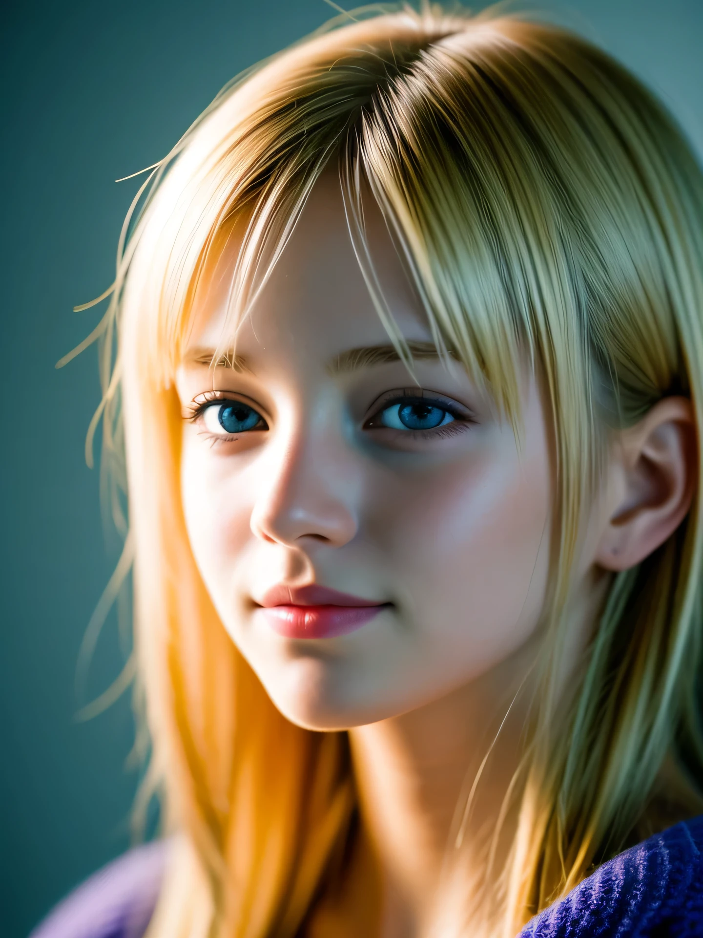 (Photo Real:1.4), (hyper realisitic:1.4), (Smooth lighting:1.05), 1 girl, teenager, blue eyes, happy, shy, smile, (looking away:1.2), Close-up of the face, Soft lighting, Back lighting, (Finest Real Textured Skins), Super fine face, glowy skin, retinas, Anatomically correct, (Blonde medium hair:1.1), bangs, Textured skin, High quality, high details, Best Quality, High resolution, sweater