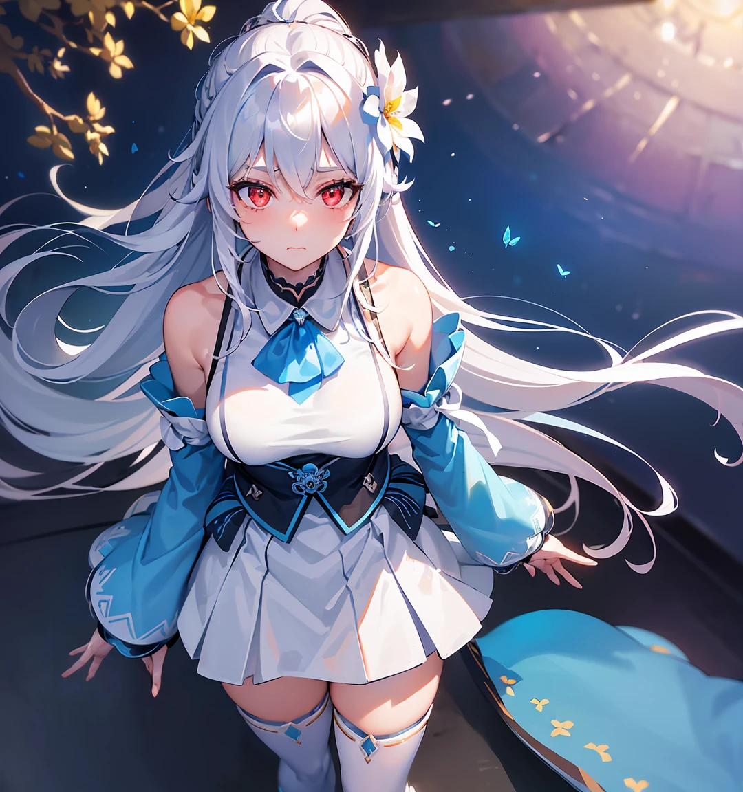 (Overhead view),dynamic angle,ultra-detailed, illustration, close-up, straight on, 1girl, (fantasy:1.4), ((red eyes)),Her eyes shone like dreamy stars,(glowing eyes:1.233),(beautiful and detailed eyes:1.1),(Silver hair:1.14),(messy hair,very long hair, ponytail hair,french braid,hair between eyes,sidelocks), (+(bule hair flower:1.14)),(chiffon dress,bule flower pattern in uniform)/=(military uniform:1.24),(detached sleeves,wide sleeves),(fingerless gloves),choker,(miko thighhighs),High heeled boots,(expressionless,closed mouth),(standing), (classical Princess boudoir with dressing tableand french windowin a white ancient palaces),(white flowers,bloom),(starry sea),(flowing water),(a dull blue world tree:1.14),(ruins),(night:1.2),dreamy,soul,(fluorescence),(flying translucent blue butterflies:1.15), [[delicate fingers and hands:0.55]::0.85],(detail fingers),(yubao:0.5),
