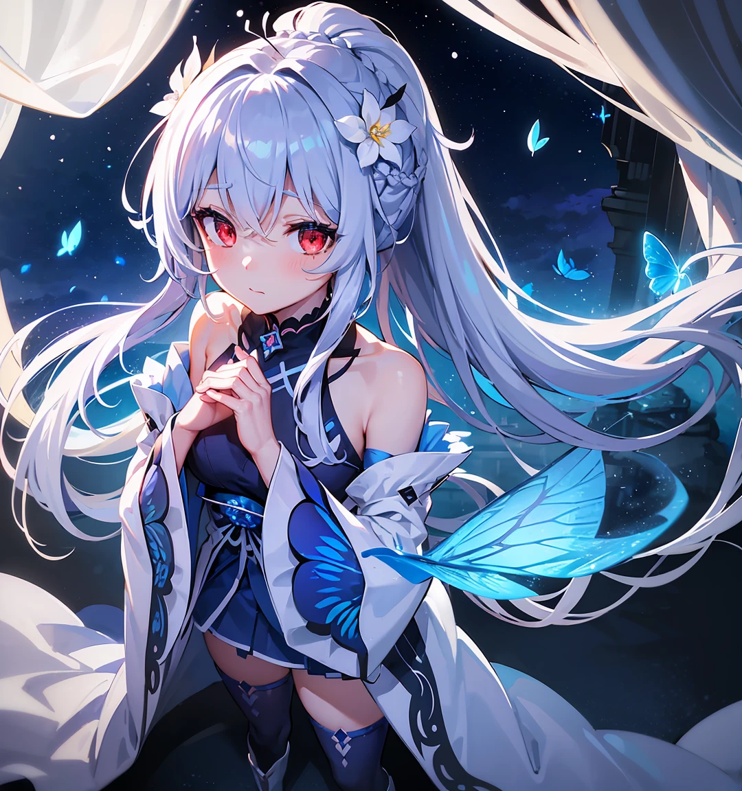(Overhead view),dynamic angle,ultra-detailed, illustration, close-up, straight on, 1girl, (fantasy:1.4), ((red eyes)),Her eyes shone like dreamy stars,(glowing eyes:1.233),(beautiful and detailed eyes:1.1),(Silver hair:1.14),(messy hair,very long hair, ponytail hair,french braid,hair between eyes,sidelocks), (+(bule hair flower:1.14)),(chiffon dress,bule flower pattern in uniform)/=(military uniform:1.24),(detached sleeves,wide sleeves),(fingerless gloves),choker,(miko thighhighs),High heeled boots,(expressionless,closed mouth),(standing), (classical Princess boudoir with dressing tableand french windowin a white ancient palaces),(white flowers,bloom),(starry sea),(flowing water),(a dull blue world tree:1.14),(ruins),(night:1.2),dreamy,soul,(fluorescence),(flying translucent blue butterflies:1.15), [[delicate fingers and hands:0.55]::0.85],(detail fingers),(yubao:0.5),
