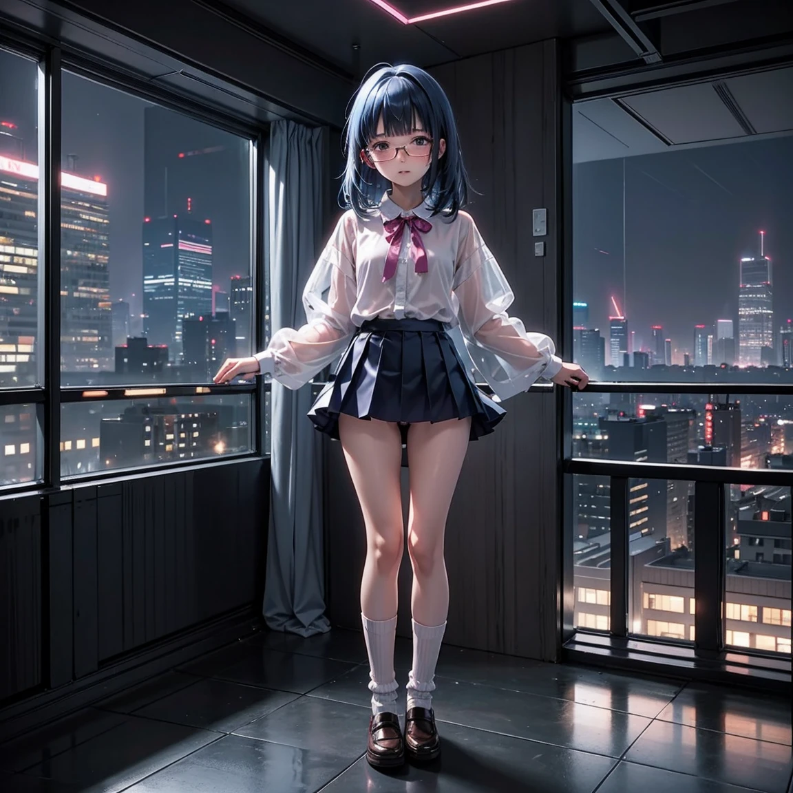 One woman（10 years old）、Glaring face、Long, blue hair、Thin glasses、White clothes、See-through shirt、ribbon、Short pleated skirt、Pink underwear、loose socks、Inside a skyscraper office at night、Spread your legs、Thin and lean legs、Both hands tied