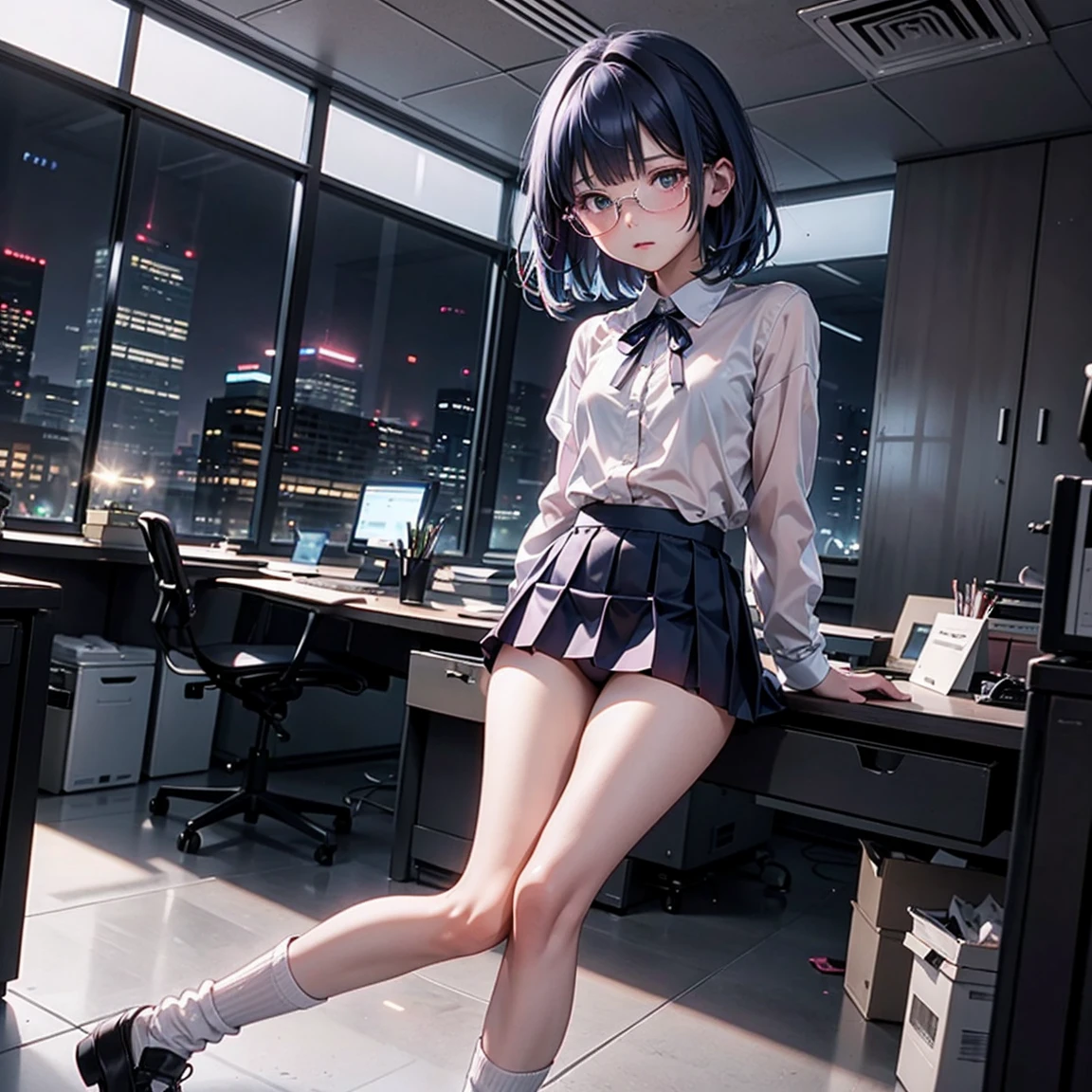 One woman（10 years old）、Glaring face、Long, blue hair、Thin glasses、White clothes、See-through shirt、ribbon、Short pleated skirt、Pink underwear、loose socks、Inside a skyscraper office at night、Spread your legs、Thin and lean legs、Both hands tied