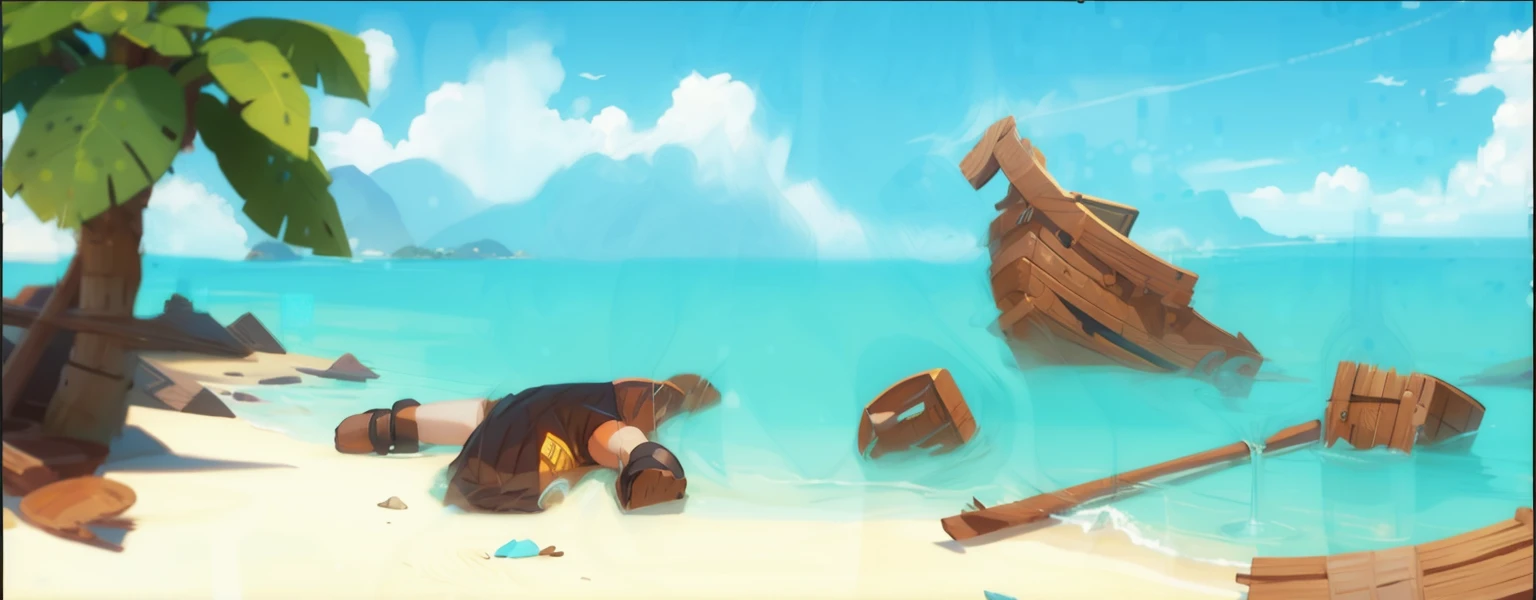best quality, 4K, high resolution, masterpiece:1.2, Extremely detailed)warm sunlight,During the day,Deserted island beach,Fragments of a ship,Wooden barrel floating on the sea,A man lying on the beach。Fantasy style.Concept Art, Pixar,, best quality,Clash Royale style