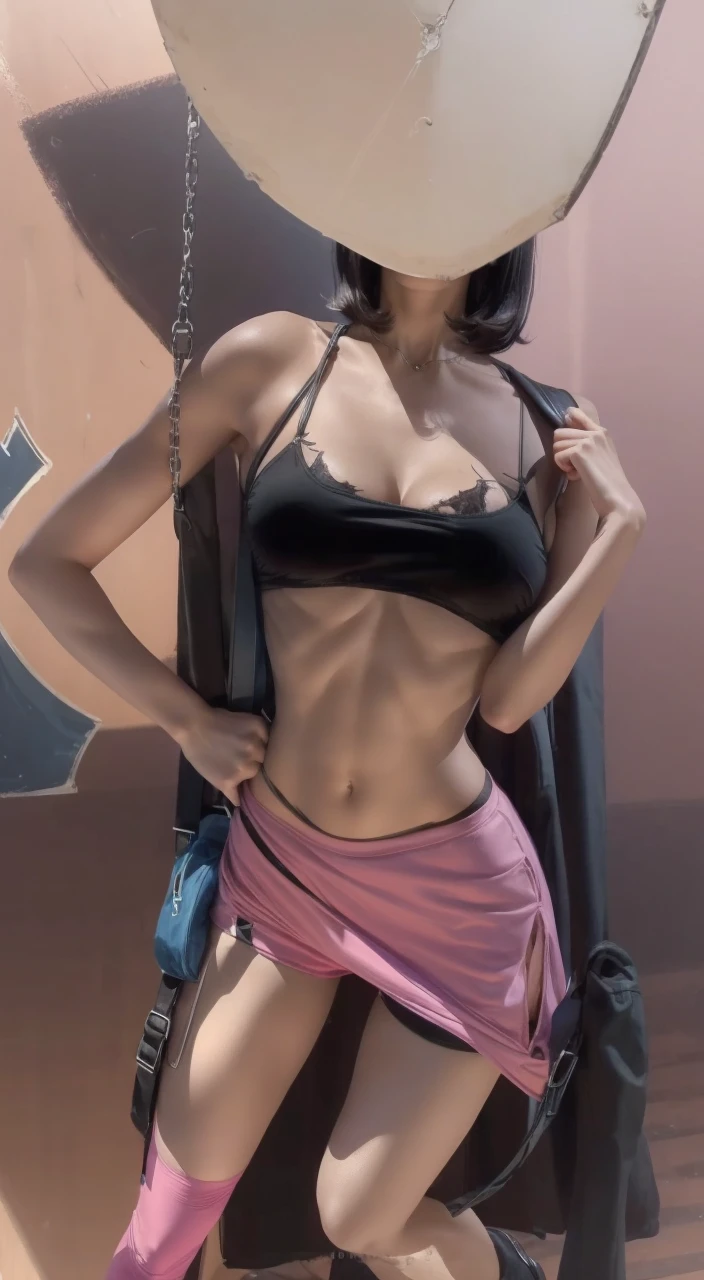 short black hair, with slightly messy bangs. Dark, penetrating brown eyes. Thin and marked build. She wears torn black shorts, blue tennis shoes, and a pink navel blouse with straps. He has an axe in his right hand and a backpack on his back. Busty.