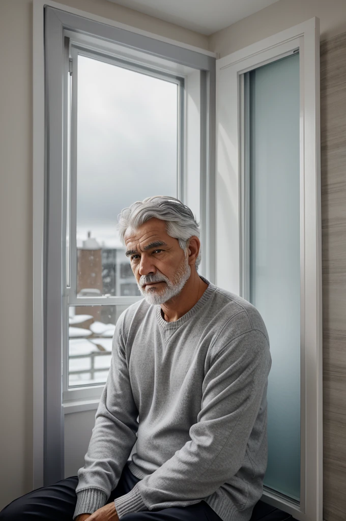 A man with grey hair sitting in his room with a open window from where cold wind is coming