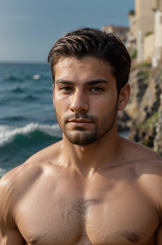 A photorealistic portrait of a 25-year-old muscular Italian man like with very short dark hair, striking brown eyes, a well defined beard and tanned skin. He should have a serious expression and be illuminated by golden-hour sunlight. The background should be a the sea. Capture this image with a high-resolution photograph using an 85mm lens for a flattering perspective.