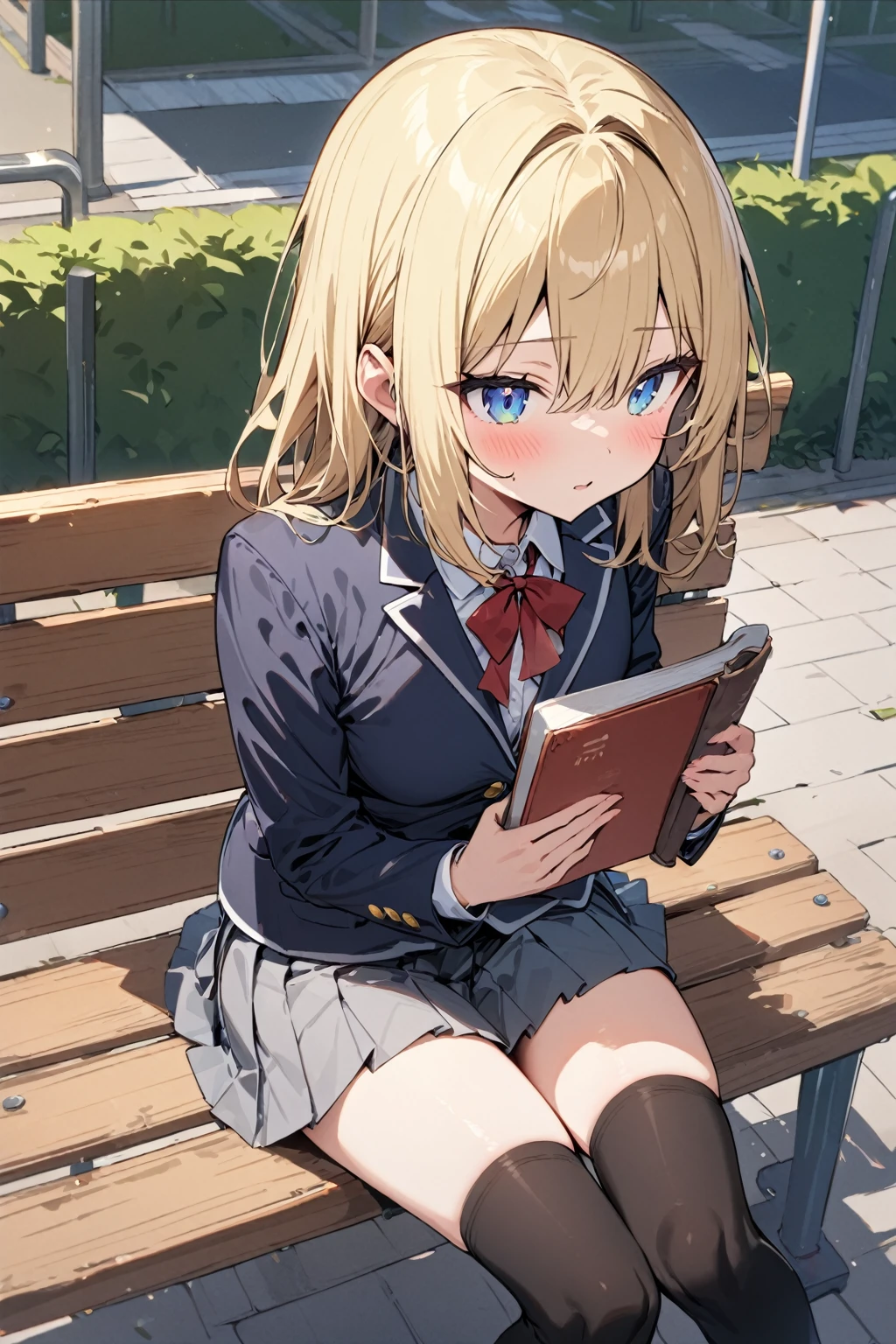 solo, cute girl, masterpiece, best quality, ultra detailed, , pleated skirt, blazer, knee-high socks, loafers, schoolyard background, sitting on bench, holding book,
blonde hair, blue eyes