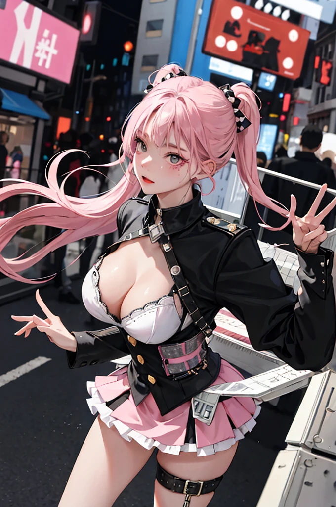 (masuter piece:1.2、top-quality)、(Live action、Intricate details)、(1lady、solo、The upper part of the body、Colossal tits) garments: Edgy、Black jumper、Pink mini skirt、Avant-garde、Experimental appearance: Long pink hair、Dramatic makeup、Unconventional fashion choices behavior: rebel、Runaway Ladies Leader、secretary-general、Black jumper、Pink mini skirt、Anti-system、Provocative Location: urban art district、Underground Music Scene Hobbies: Bad girl、Create mixed media art、Experiment with different subcultures values: individuality、authenticity、Creative Expression Inspiration: Runaway Ladies Leader、secretary-general、Counterculture icons、Nature: boldness、Unconventional。