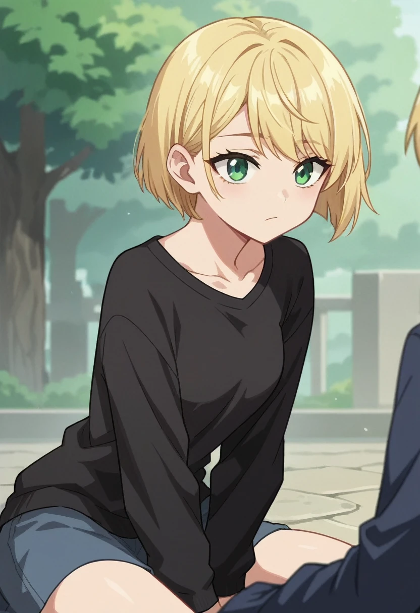 score_9, score_8_up, score_7_up, source_anime, anime_screencap, 1girl, black sweater, green eyes, blonde hair, short hair, side bangs, 