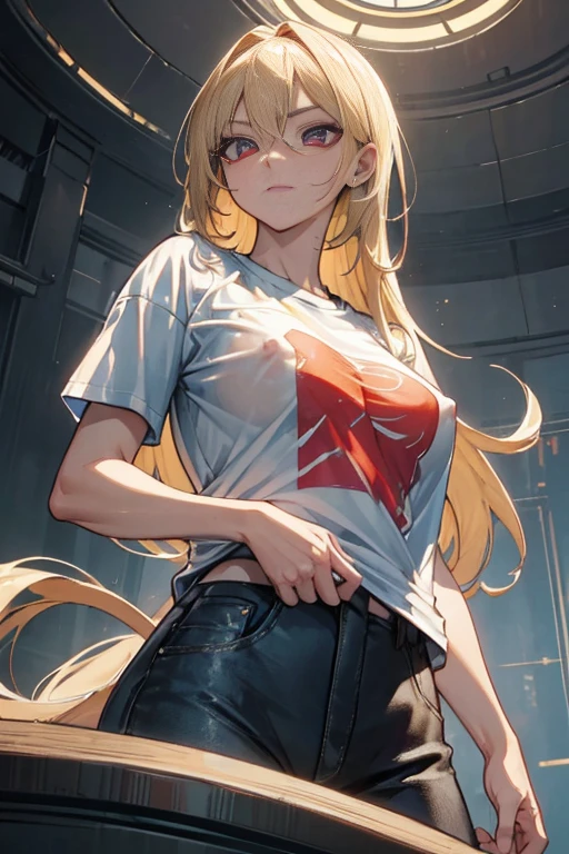 optimal,masterpiece,high resolution,best quality,Ultra HD,Very detailed,The award-winning,16K,Solitary,(Upper Body),Correct anatomy,Beautiful cyberpunk girl,Cowboy shooting、Cute face,,Blonde、Long hair、Double tail、Weaving, hairline,((Scarlet eyes)),Long eyelashes,Drooping corners of the eyes,White skin,((Shot from below)), ((t-shirt:1.5)), Clock top、((Clear nipples))、Rocket , (Large Breasts),(because I'Thin)