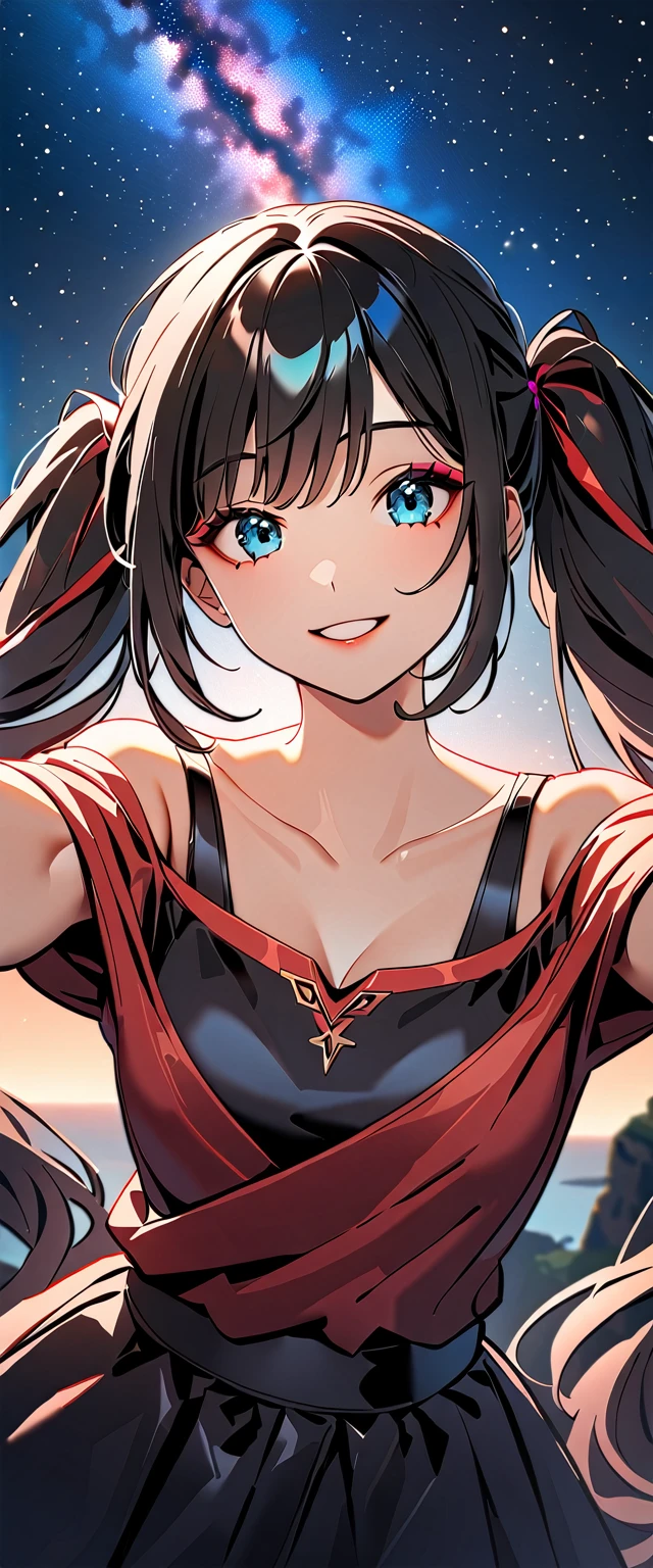 Photo of a woman with natural skin, Upper Body, Dynamic pose, Smiling, High Twintails, Black hair with red mesh, Sharp eyes with red eyeshadow, Shining eyes, A thin, upturned nose, Well-shaped lips, ((Black off-the-shoulder dress, Shoulder straps cross at the neck)), Big Breasts, barefoot, Makeup, Exquisitely crafted with the utmost attention to detail, Vibrant, amazing, Smooth, Cinematic, 4K, Backlight, ((A wide grassland with a beautiful starry sky)), Shallow depth of field, ((Detailed eyes:1.3, Detailed lips:1.3, high quality, )), masterpiece, Super detailed images, High quality