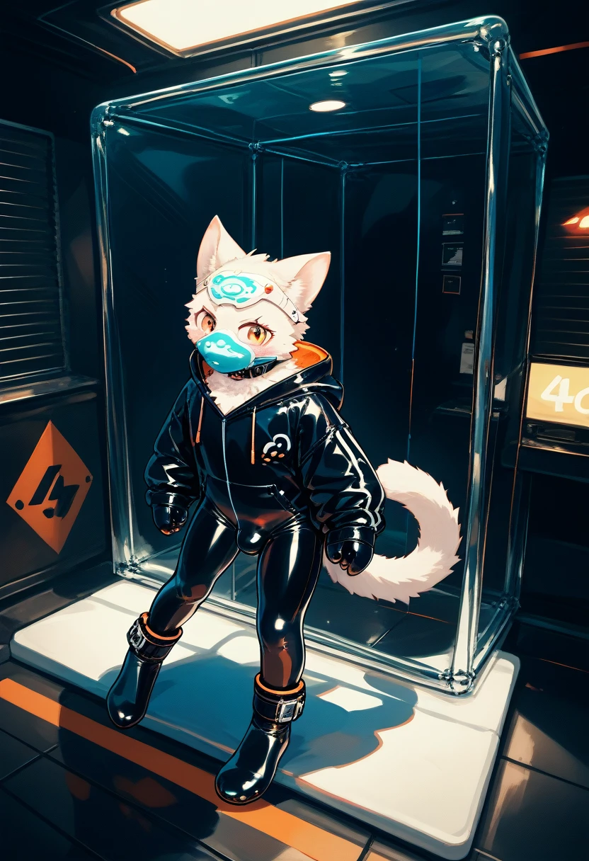 Highest quality, Highest quality, High quality illustrations, masterpiece, Ultra-high resolution, Detailed Background, Games Room, Absurd, Perfect Anatomy, performance, Good lighting, Shadows in the movies(kemono, Furry PersonifiCation), Cat, Dark Skin, Rubber suit, Rubber suit, latex, neon, neonライト, neonカラー, Rubber spats, White Rubber Hoodie, Rubber mask, ribbon, first round, Embarrassing, Null bulge, male, juvenile, From above