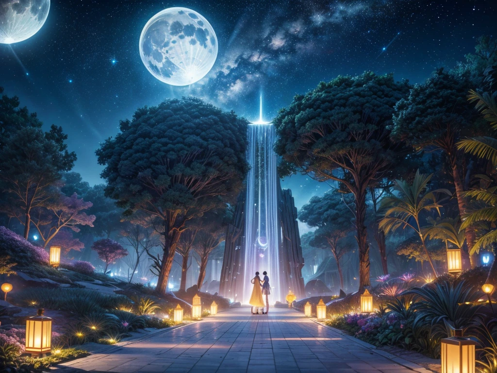 (best quality,4K,8K,high resolution,masterpiece:1.2),Extremely detailed,Practical,Outer Space,Alien Creatures,Alien Resort on the Moon,Clear sky,Huge transparent dome,Hovering spaceship,Long walkways lined with futuristic trees,Reflective surface,High-tech architecture,Water Garden,Complex buildings,There are multiple moons in the night sky,Illuminated by soft moonlight,Celestial Ornaments,Holographic Display,Cosmic music,Tourists wearing futuristic clothing,Sparkling Path,Exotic flora and fauna,Zero Gravity Zone,Milky Way Panorama,Galaxy Food,Interstellar Transport System,Colored light installation,Cosmic Cocktail,Alien language translation device,Relaxing spa treatments,Floating Hotel,Moonwalk Dance Floor,Lunar expedition,Twinkling Stars,Tidal force,Paradise,Mysterious lunar artifacts,Solar,Otherworldly sculptures,Peaceful atmosphere,Luxurious Lunar New Year ,Zero pollution environment,First-class beachfront,Exciting beach activities,Giant Moon Crystal,Lunar Rover Tour,Enchanting Moon Garden,Stunning lunar landscape,Interstellar communication equipment,Luminous Moonlight Resort.