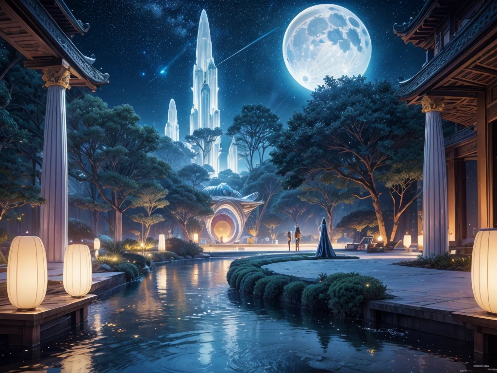 (best quality,4K,8K,high resolution,masterpiece:1.2),Extremely detailed,Practical,Outer Space,Alien Creatures,Alien Resort on the Moon,Clear sky,Huge transparent dome,Hovering spaceship,Long walkways lined with futuristic trees,Reflective surface,High-tech architecture,Water Garden,Complex buildings,There are multiple moons in the night sky,Illuminated by soft moonlight,Celestial Ornaments,Holographic Display,Cosmic music,Tourists wearing futuristic clothing,Sparkling Path,Exotic flora and fauna,Zero Gravity Zone,Milky Way Panorama,Galaxy Food,Interstellar Transport System,Colored light installation,Cosmic Cocktail,Alien language translation device,Relaxing spa treatments,Floating Hotel,Moonwalk Dance Floor,Lunar expedition,Twinkling Stars,Tidal force,Paradise,Mysterious lunar artifacts,Solar,Otherworldly sculptures,Peaceful atmosphere,Luxurious Lunar New Year ,Zero pollution environment,First-class beachfront,Exciting beach activities,Giant Moon Crystal,Lunar Rover Tour,Enchanting Moon Garden,Stunning lunar landscape,Interstellar communication equipment,Luminous Moonlight Resort.