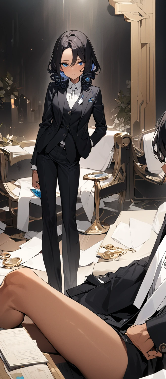 (( straight face picture )) ((best quality)), (Masterpiece)), (details), ( Beautiful colors ) ( ornamentation ) ( see the whole body ) Young Doctor , Tanned skin , black hair ,blue eyes ,Shoulder-length hair ,Slightly curly hair , open forehead , wearing a black suit ,white tie , Wear a white doctor's coat , , Have a rosary in hand , Whole body image