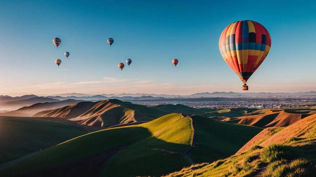 beautiful inspirational landscape with hot air balloon flying in the sky, travel destination
