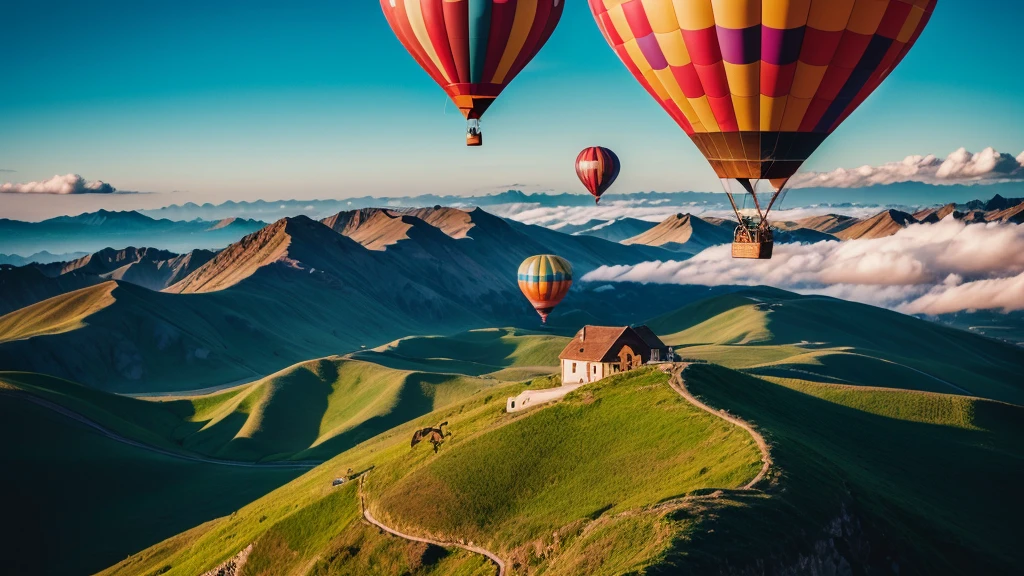 beautiful inspirational landscape with hot air balloon flying in the sky, travel destination