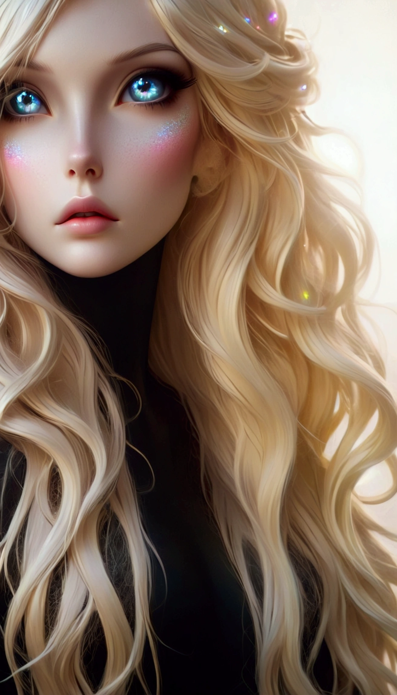 a close up of a woman with long hair and a colorful face, artwork in the style of guweiz, hair made of shimmering ghosts, guweiz, ilya kuvshinov with long hair, guweiz masterpiece, messy blond hair, with long blond hair, glowing flowing hair, a girl with blonde hair, long glowing ethereal hair