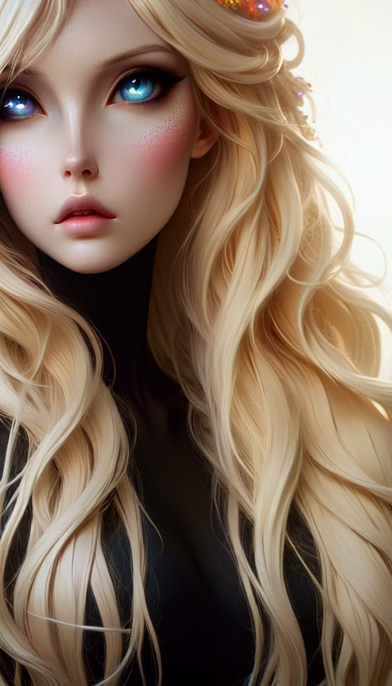 a close up of a woman with long hair and a colorful face, artwork in the style of guweiz, hair made of shimmering ghosts, guweiz, ilya kuvshinov with long hair, guweiz masterpiece, messy blond hair, with long blond hair, glowing flowing hair, a girl with blonde hair, long glowing ethereal hair