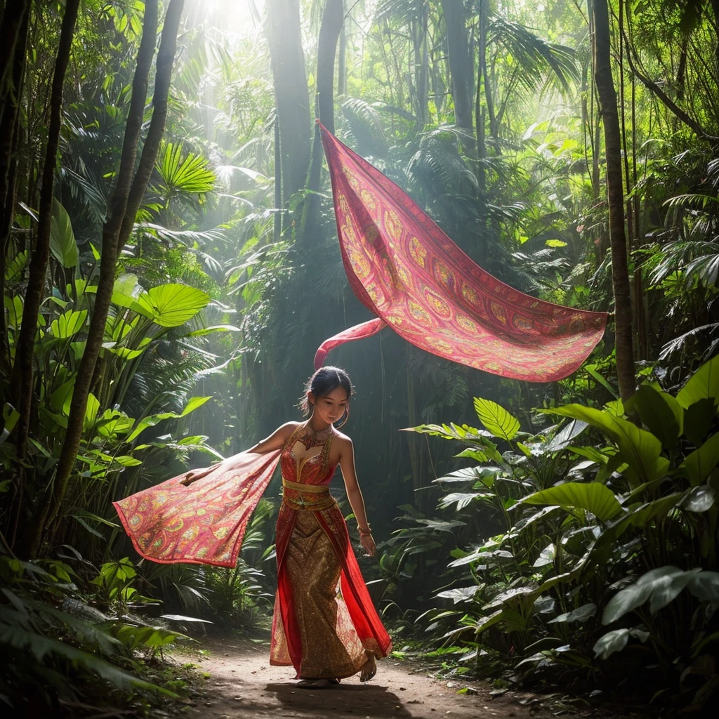 "Write a story about a young Indonesian girl gracefully dancing in the depths of the forest, adorned in a vibrant kebaya. Describe how the dappled sunlight filters through the dense foliage, casting enchanting patterns on her movements. Capture the mystical atmosphere as she moves in harmony with nature, her every step echoing the rhythms of the forest."