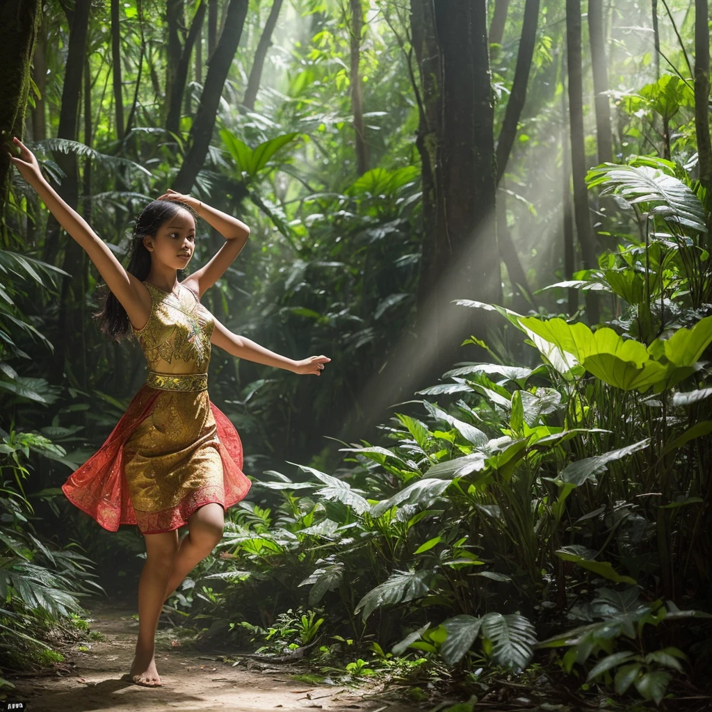 "Write a story about a young Indonesian girl gracefully dancing in the depths of the forest, adorned in a vibrant kebaya. Describe how the dappled sunlight filters through the dense foliage, casting enchanting patterns on her movements. Capture the mystical atmosphere as she moves in harmony with nature, her every step echoing the rhythms of the forest."