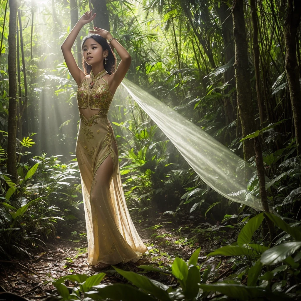 "Write a story about a young Indonesian girl gracefully dancing in the depths of the forest, adorned in a vibrant kebaya. Describe how the dappled sunlight filters through the dense foliage, casting enchanting patterns on her movements. Capture the mystical atmosphere as she moves in harmony with nature, her every step echoing the rhythms of the forest."