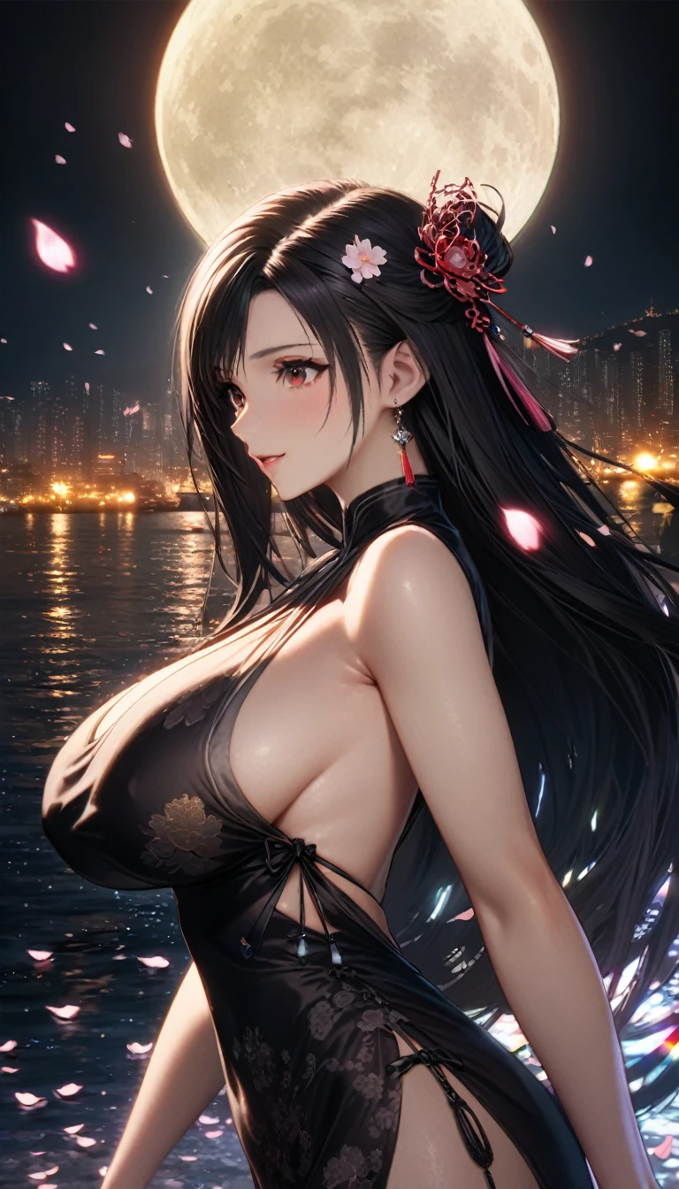 Highest quality, Super quality, 16K, Incredibly absurd, Very detailed, delicate and dynamic, SFW, Natural light, Fine particles reflect rainbow colors, Diffuse reflection of light, Vortex of Light, Many cherry blossom petals fall, Hong Kong bay, Night view, moon, Create amazing image effects, Upper body close-up, (, cute sexy girl, big busts, Sensual expression, peacefulness, Elegant, Charm, lure, , hair ornaments, black long hair, Chinese traditional long silk dress, Tifa Lockhart Final Fantasy VII)