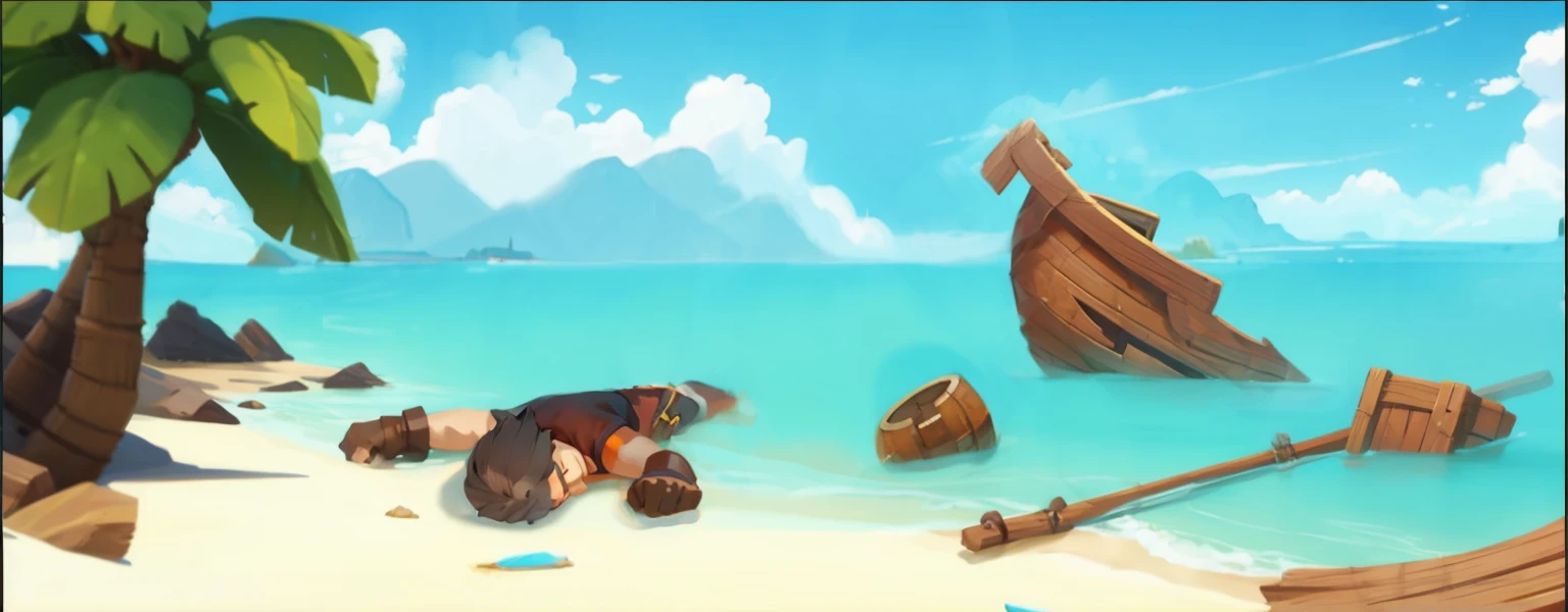 best quality, 4K, high resolution, masterpiece:1.2, Extremely detailed）warm sunlight，During the day，Deserted island beach，Fragments of a ship，Wooden barrel floating on the sea，A man lying on the beach。Fantasy style.Concept Art, Pixar,, best quality，Clash Royale style